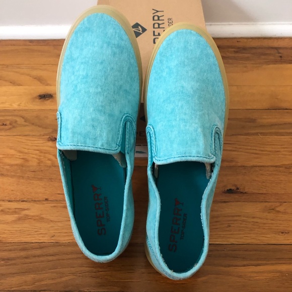 New In Box! Sperry Slip-On Sneaker With Memory Foam In Fun Turquoise Color - Picture 10 of 15